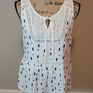 Skies are Blue white top with black embroidery